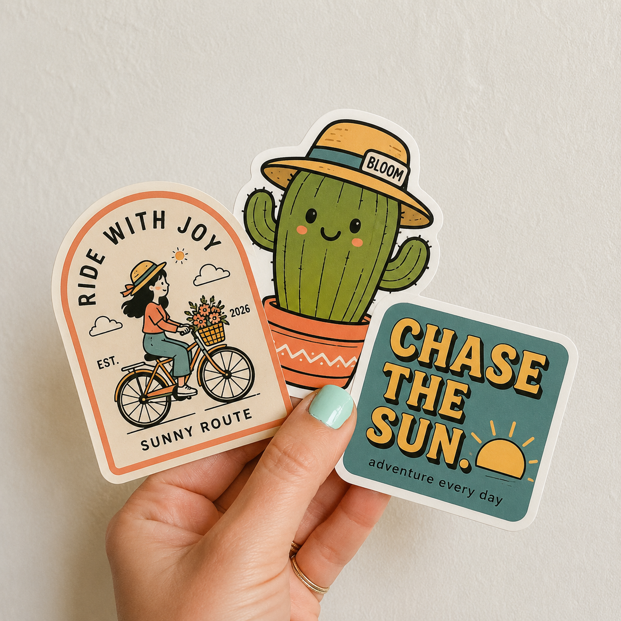 Three colorful vinyl stickers held by a hand against a light background