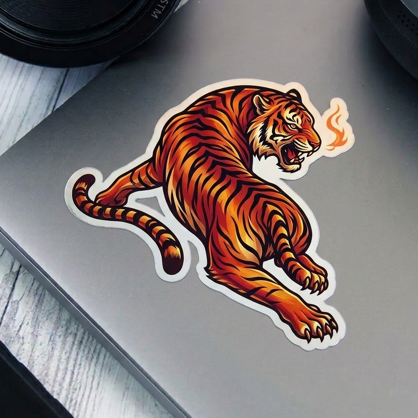 metallic custom sticker in tiger design on laptop cover