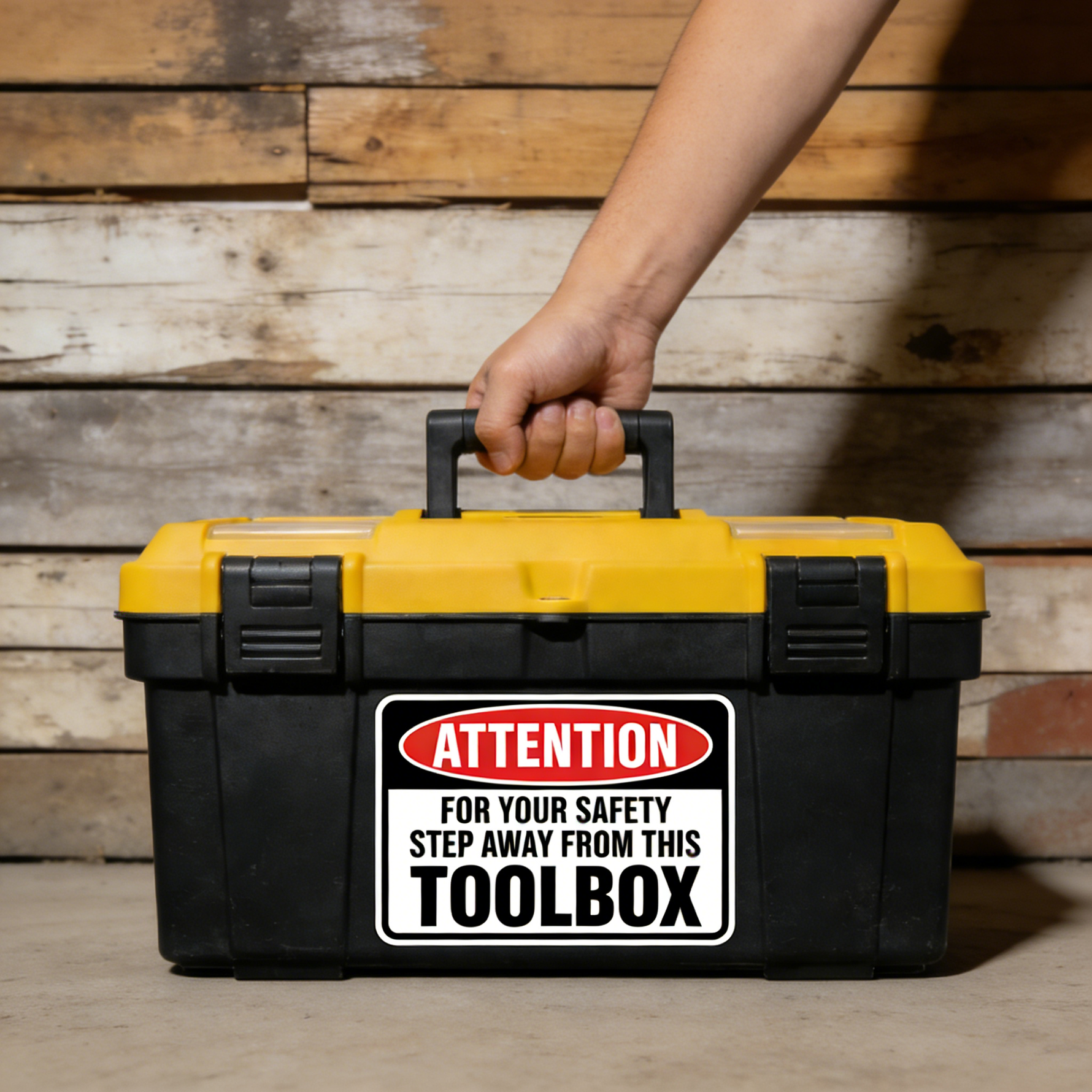 Toolbox with an “Attention” heavy-duty sticker label on a wooden background, waterproof and UV-resistant.