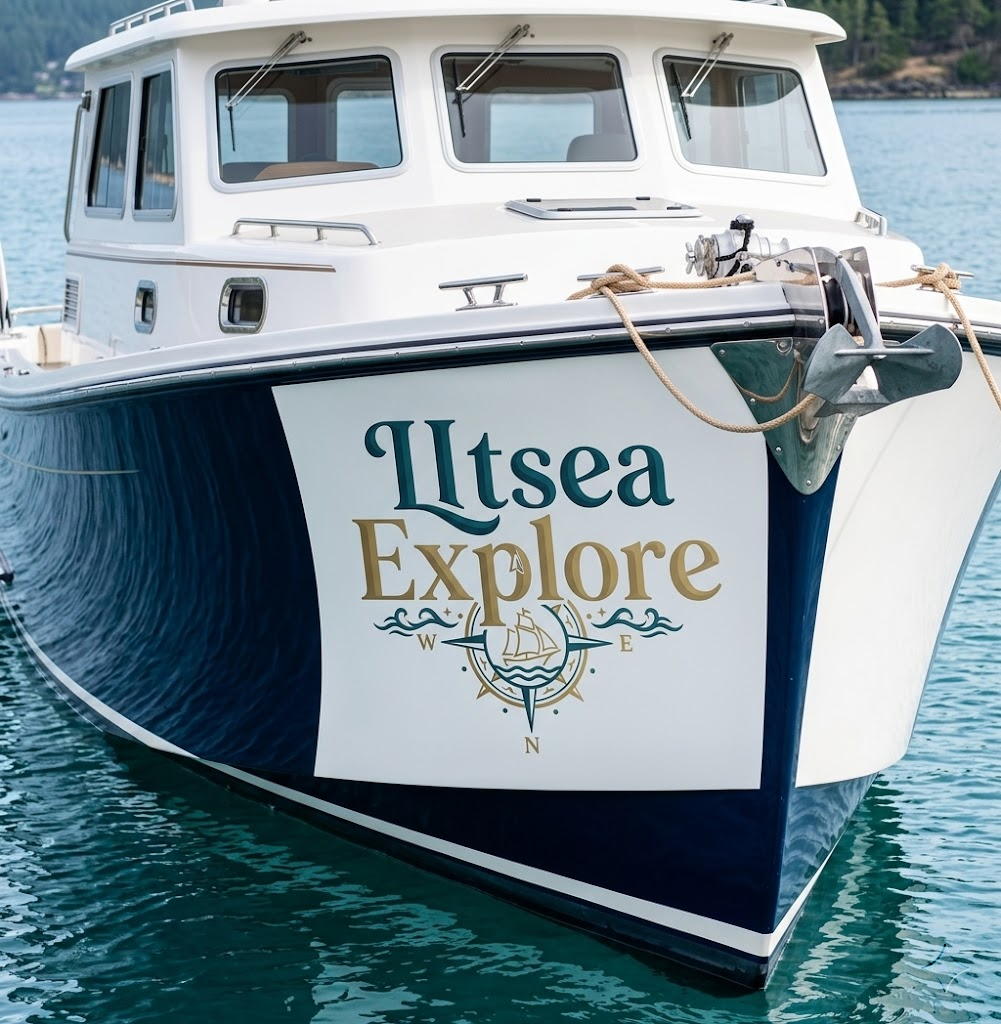 Custom boat decals with yacht name Utsea Explore applied on boat hull for marine branding and identification