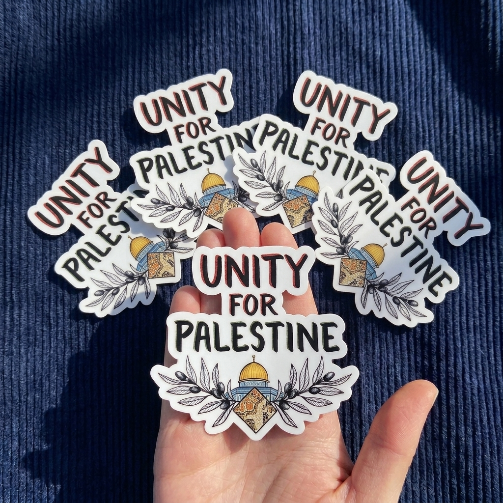 Hand holding 'Unity for Palestine' stickers with a blue textured background