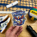 Vibrant team stickers design for a volleyball club held next to a volleyball and net on a wooden court.