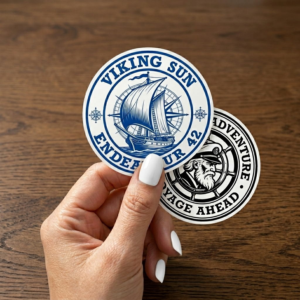 Two round stickers with Viking-themed designs held by a hand on a wooden surface.