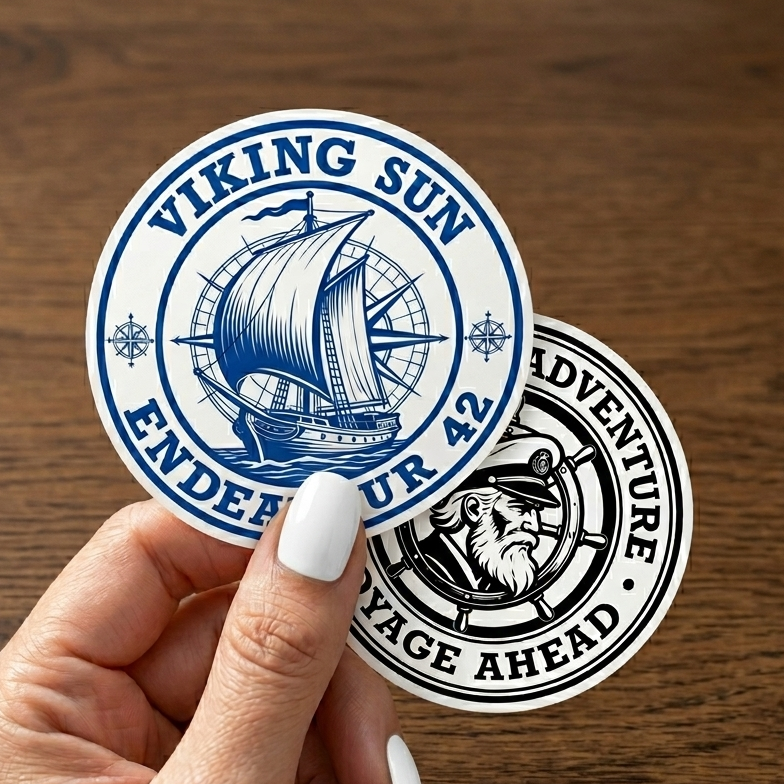 Two round stickers with Viking-themed designs held by a hand on a wooden surface.