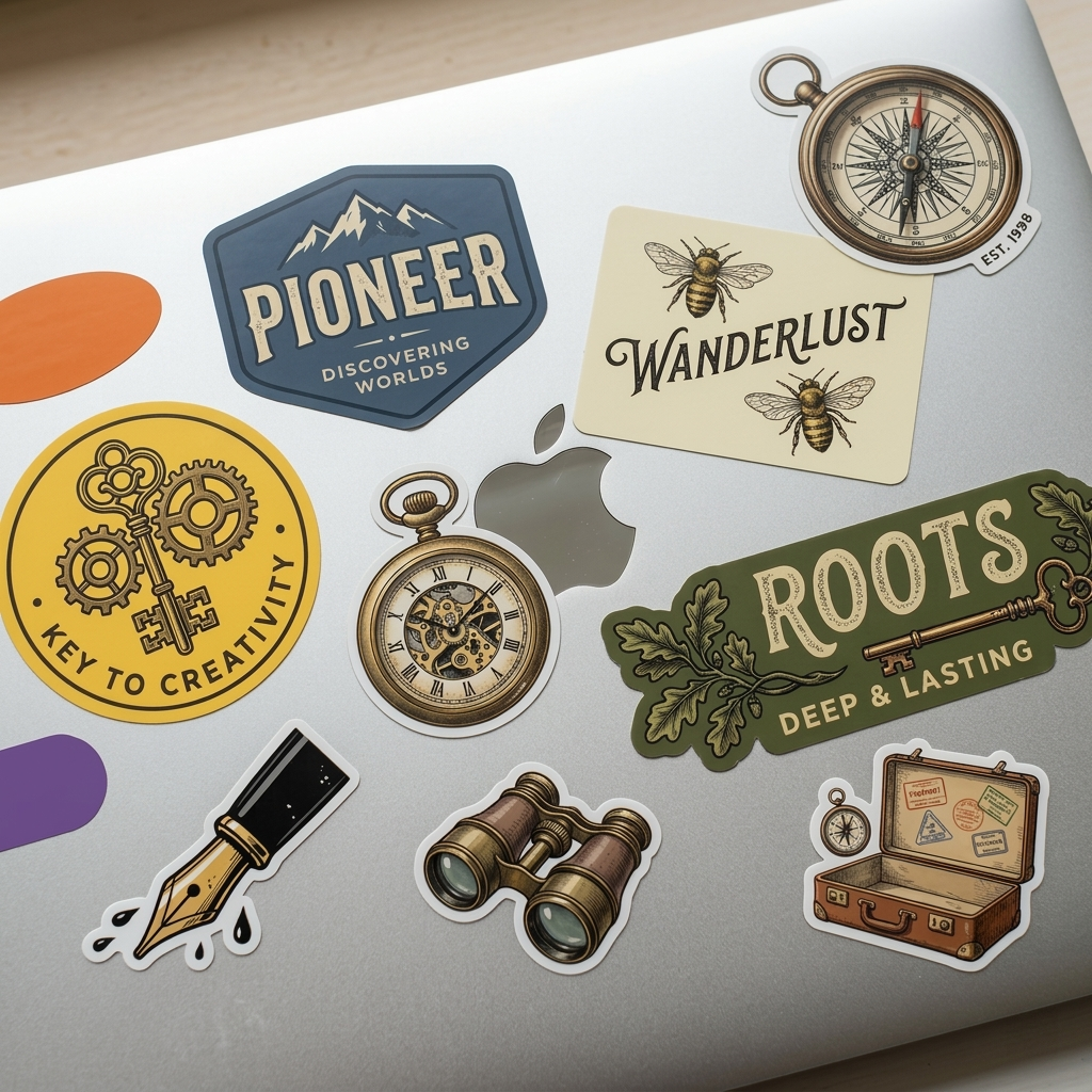 Laptop with vintage style stickers featuring “Pioneer”, “Wanderlust”, compass, binoculars, and outdoor adventure themed illustrations