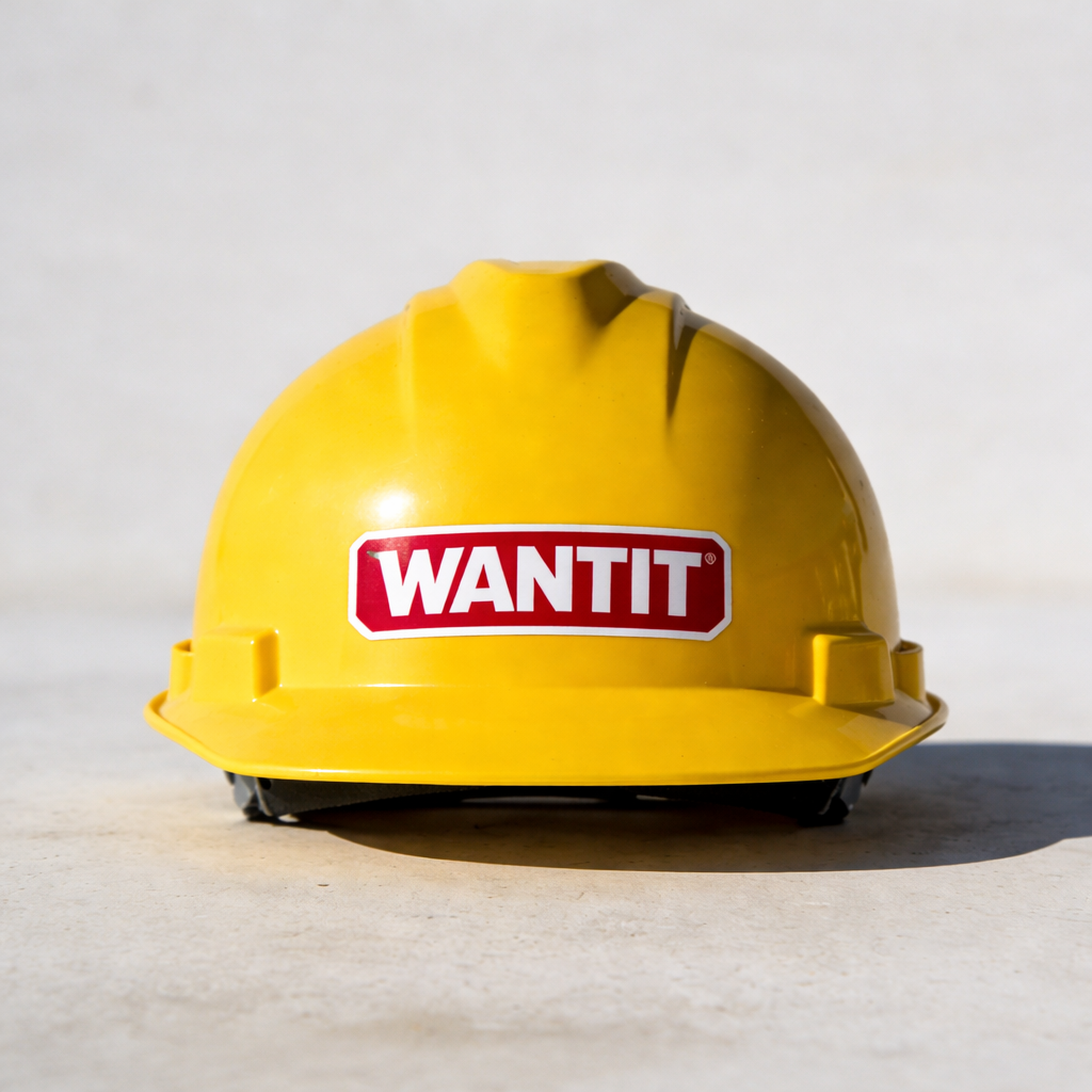 Yellow hard hat with a “WANTIT” logo sticker on a light gray background, designed for construction use.