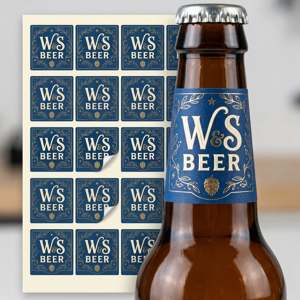 Custom beer label sheet with W&S Beer branding applied on bottle for craft brewery packaging and bulk label printing