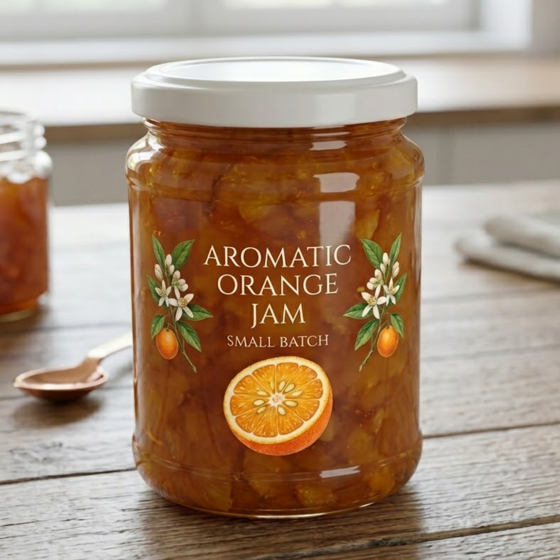 Waterproof clear labels for bottles applied on a glass jar of orange jam, displaying clean, transparent branding for homemade artisan food.