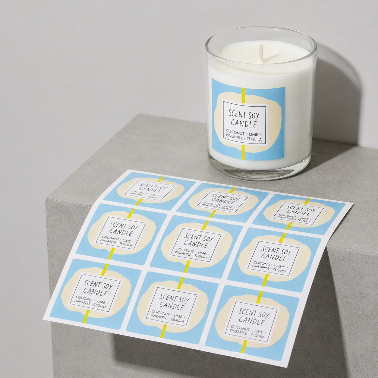 Waterproof square sheet labels on a candle jar and a full label sheet.