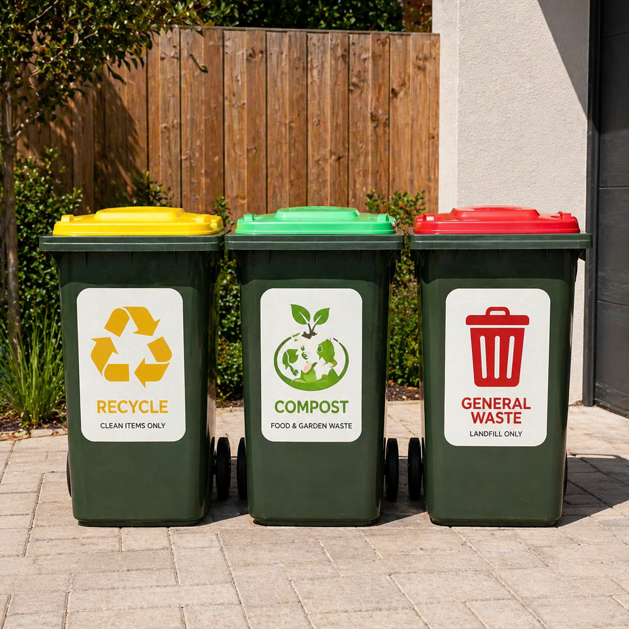 Weatherproof vinyl stickers used as waste sorting labels on green and red outdoor recycle bins.