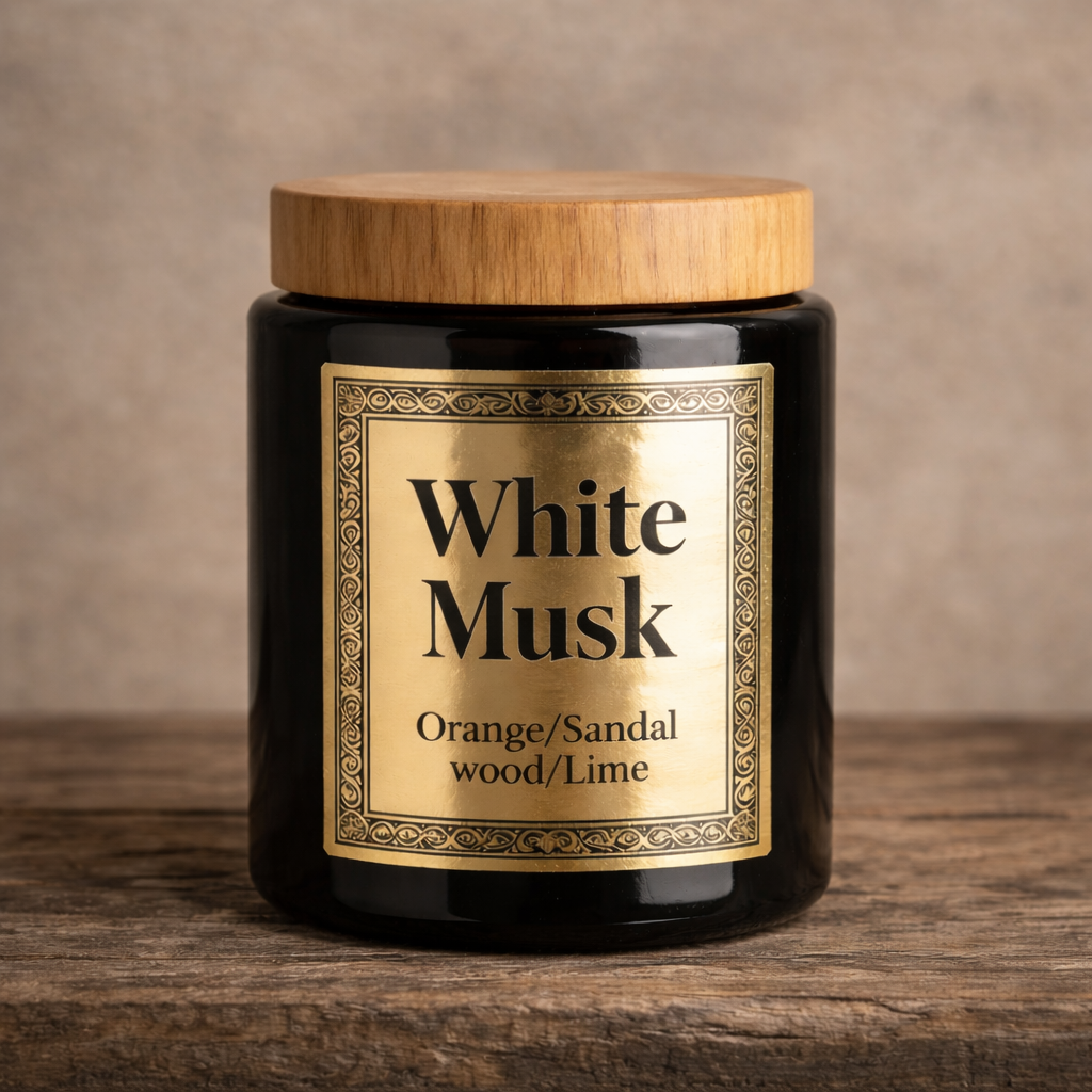 Candle jar labeled 'White Musk' metallic gold sticker for product branding on a wooden surface.