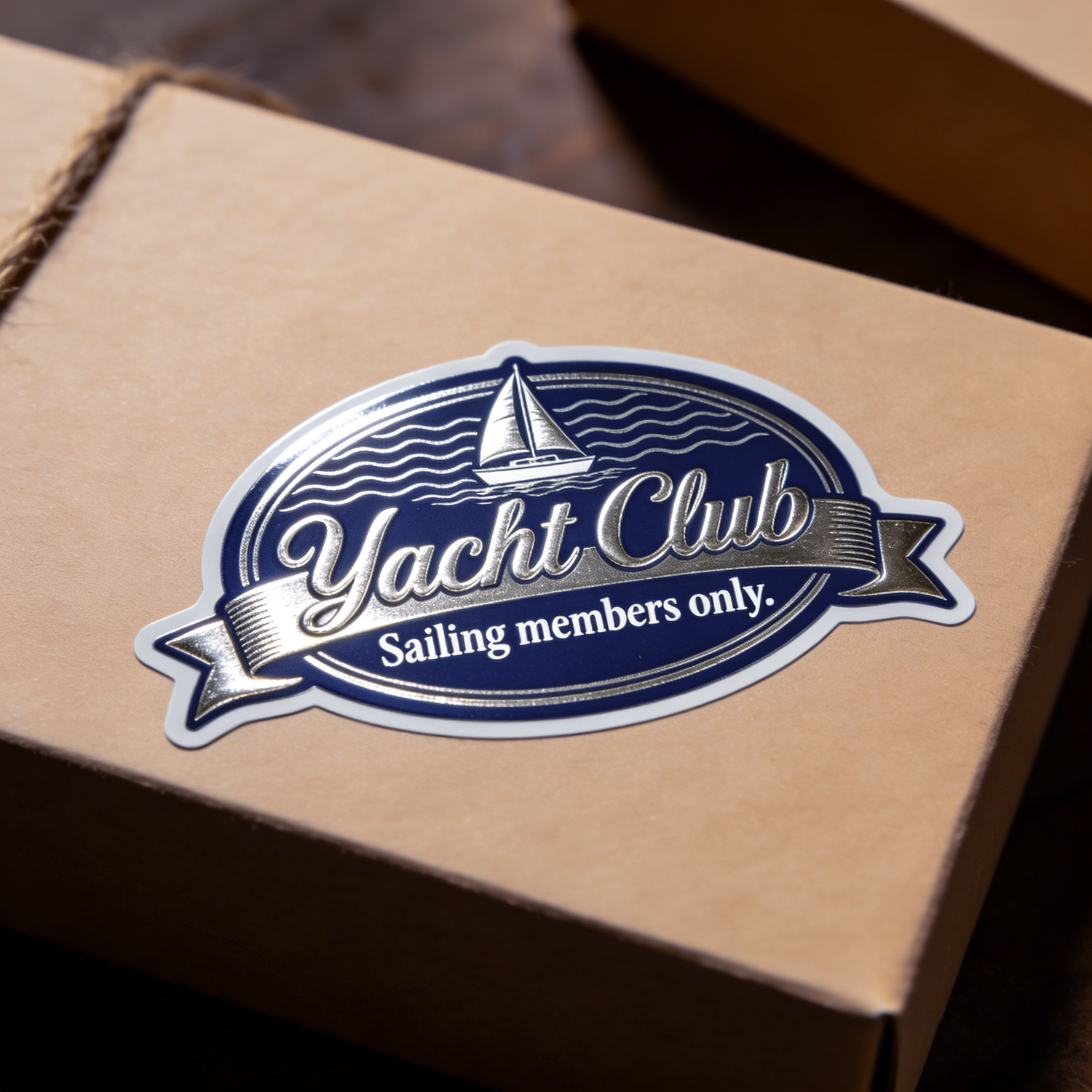 Yacht Club logo sticker in metallic texture on a cardboard box with a brown background