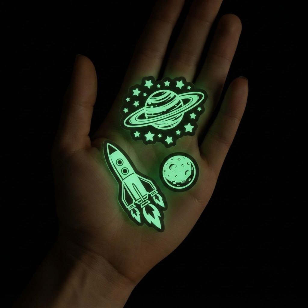 A human hand glowing in the dark with three neon green space-themed decals: a ringed planet surrounded by stars, a rocket ship, and a moon.