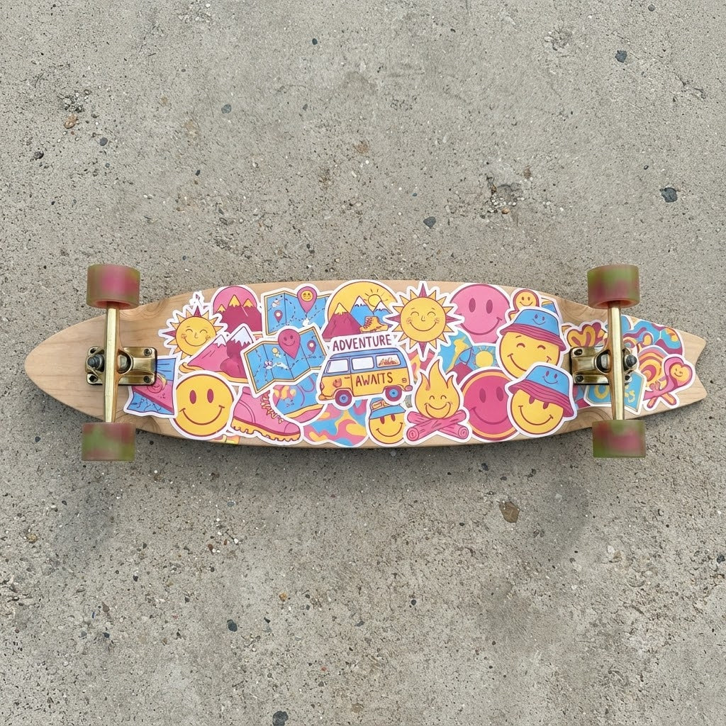 Custom adventure-themed stickers including smiley faces and campers on a skateboard.