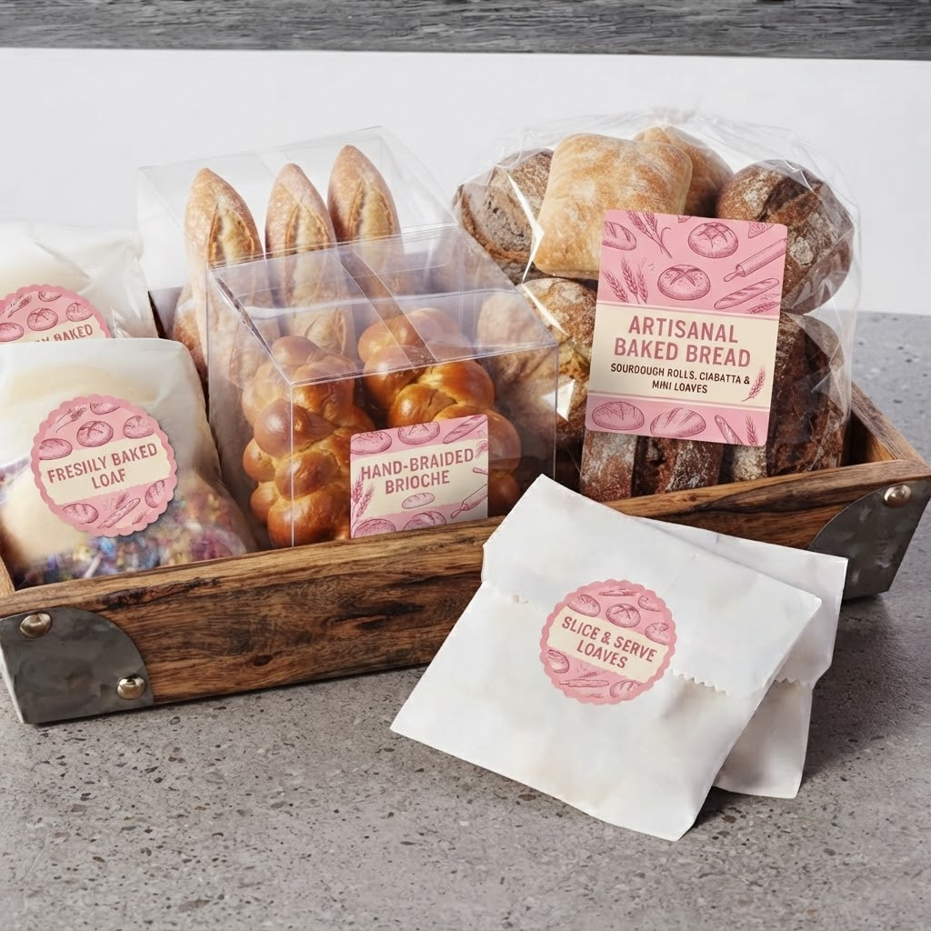 Custom product labels featuring artisanal baked bread designs applied on various bakery packaging bags and boxes.