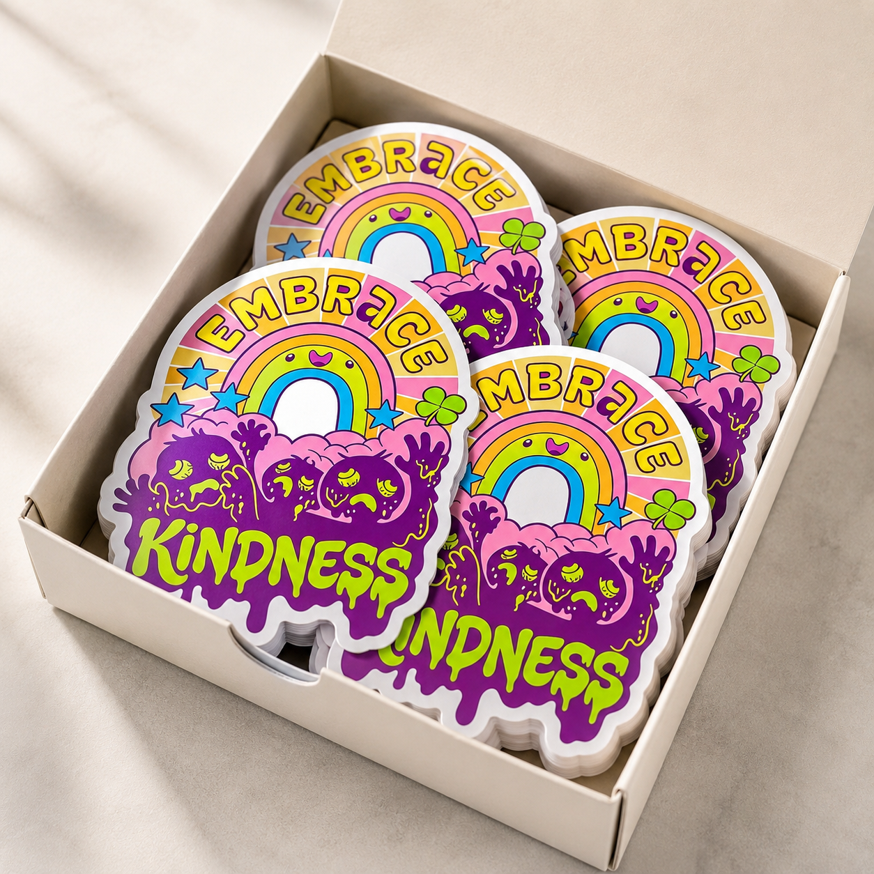 Bulk custom artist stickers packed in a box with colorful rainbow artwork