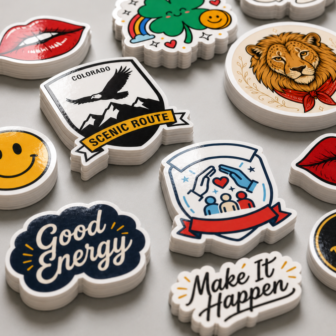 Assorted custom vinyl sticker stacks with lips, smiley faces, quote designs, and animal artwork.