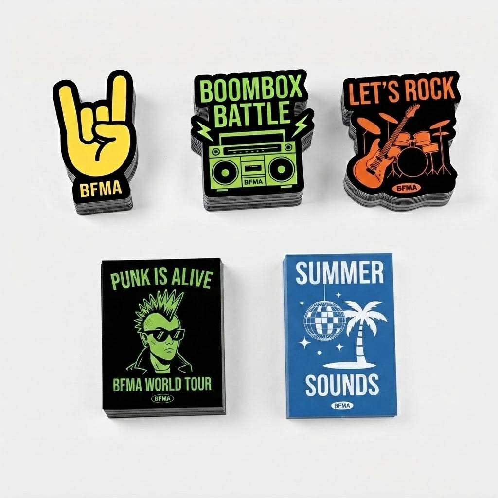 Assorted custom band stickers featuring rock hand signs, boombox, guitar, and punk tour designs.
