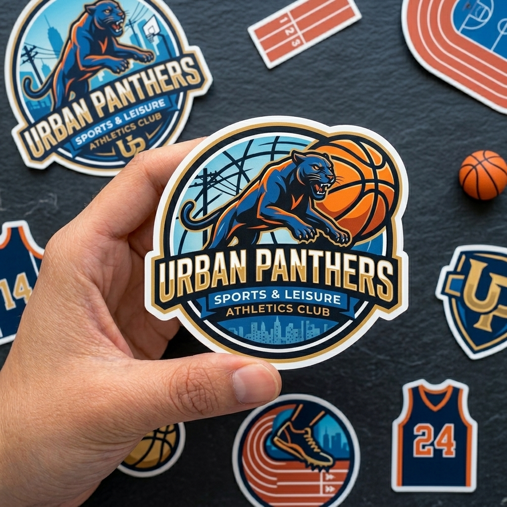 A person holding a custom sports stickers emblem featuring a black panther on a basketball with a athletic-themed background.