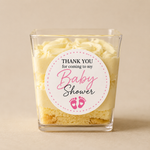Custom baby shower sticker used on a dessert container for party treats