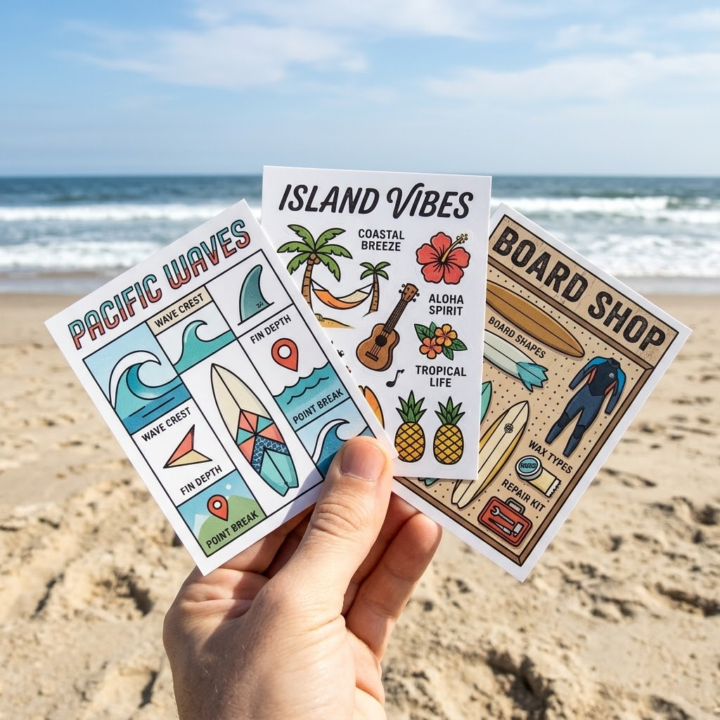 Three themed sticker sheets held by a hand with a beach background