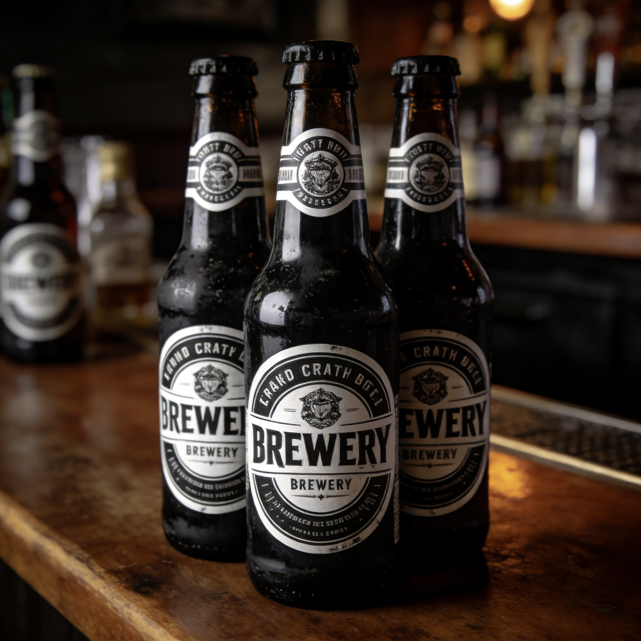 Custom beer bottle labels on craft brewery bottles displayed in bar setting