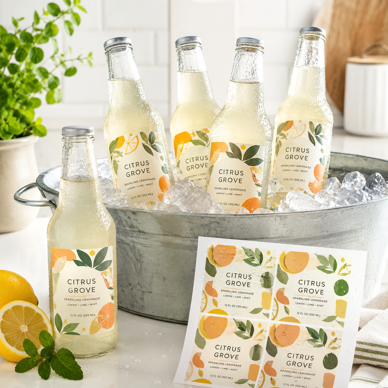 Custom waterproof labels for beverage bottles submerged in an ice bucket, showcasing oil and water resistance with vivid, high-definition printing on vinyl material.