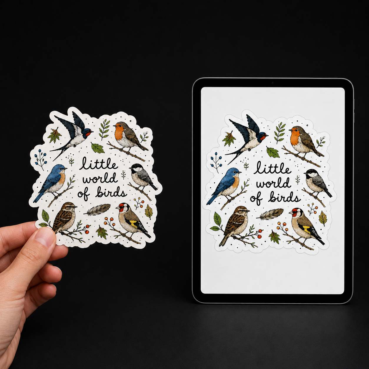 Hand holding a bird artist sticker beside the matching digital design on a tablet