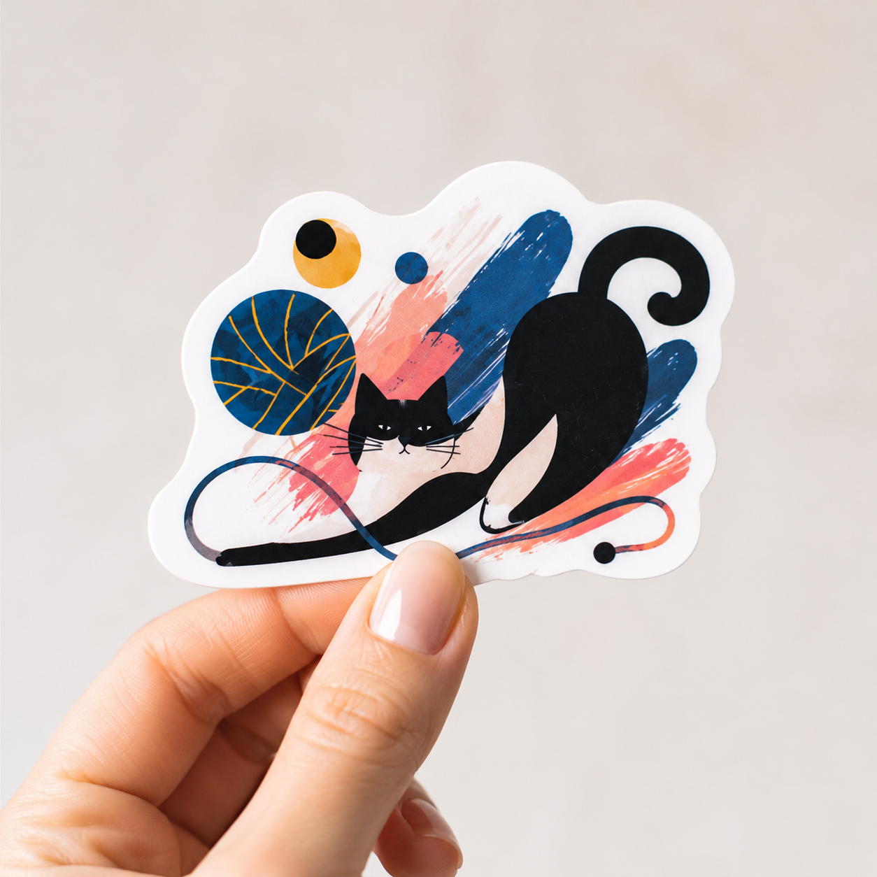 Close-up of a black cat die cut art sticker held by hand