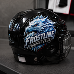 Glossy black ice hockey helmet with a large, vibrant Frostline Hockey Club eagle and mountain logo vinyl sticker on the side.