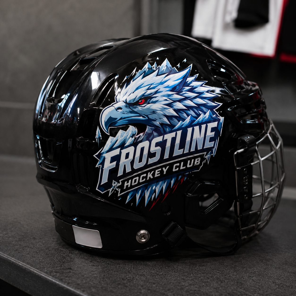 Glossy black ice hockey helmet with a large, vibrant Frostline Hockey Club eagle and mountain logo vinyl sticker on the side.