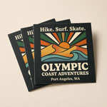 Custom square stickers with outdoor adventure artwork stacked on a clean background