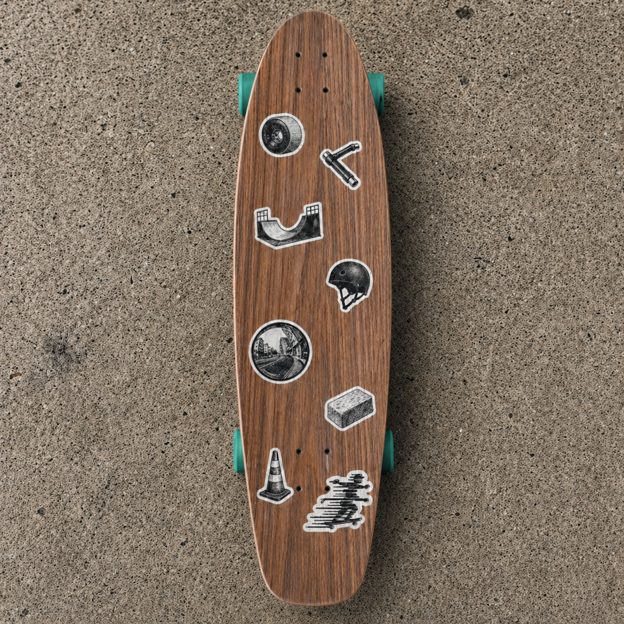 A simple wooden cruiser skateboard with black waterproof skateboard stickers, placed outdoors on concrete.