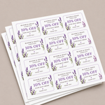 Custom rounded corner labels featuring a Bloom and Grace flower shop 10% off discount design on sticker sheets.