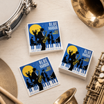 Custom band stickers featuring a Blue Harbor Jazz Quartet illustration surrounded by musical instruments.