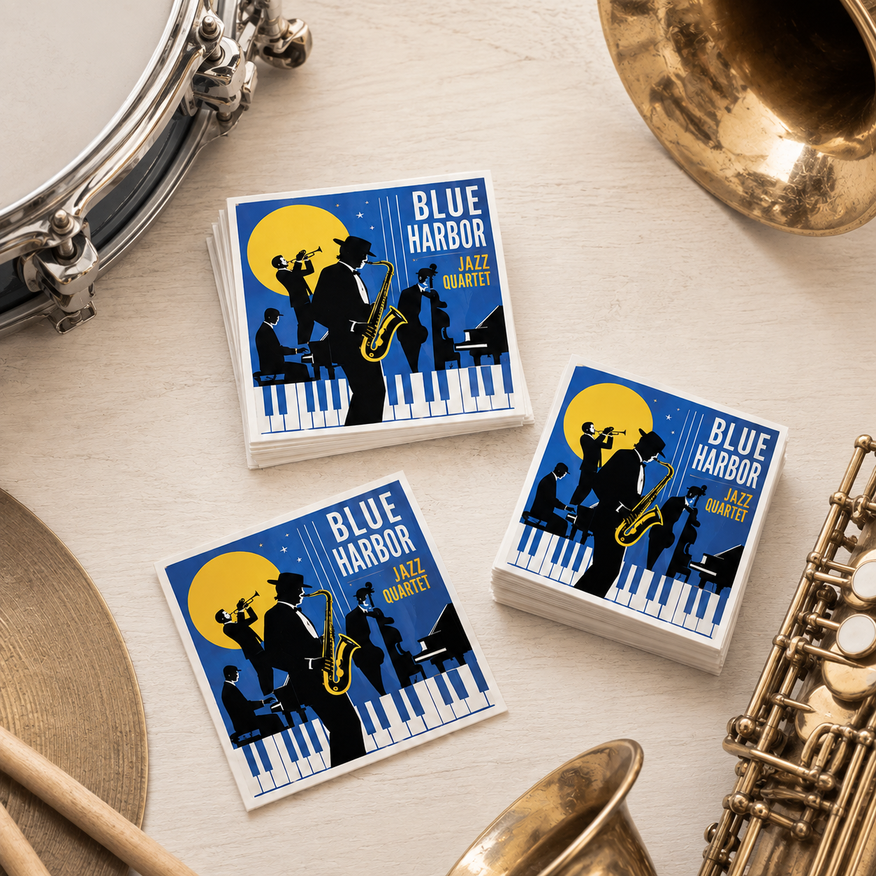 Custom band stickers featuring a Blue Harbor Jazz Quartet illustration surrounded by musical instruments.