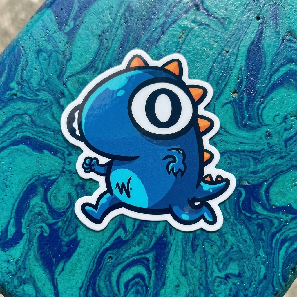 A die-cut sticker of a small blue graffiti-art-sticker with design of dinosaur-like monster character with a large white eye and orange spikes, placed on a blue marbled artistic surface.
