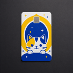 Blue and yellow cat credit card decals featuring a cute kitty design, perfect as a vibrant credit card skin.