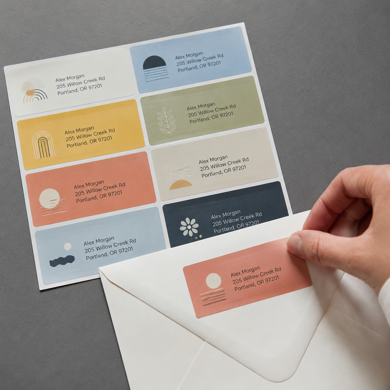 A variety of boho-style address label stickers in multiple colors being applied to an envelope.