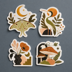 Botanical illustrator stickers with moth, bird, flower, and mushroom artwork