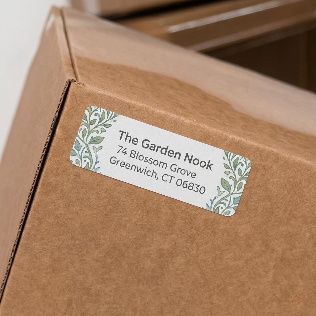 Botanical design shipping address label with green leaf patterns on a cardboard box.