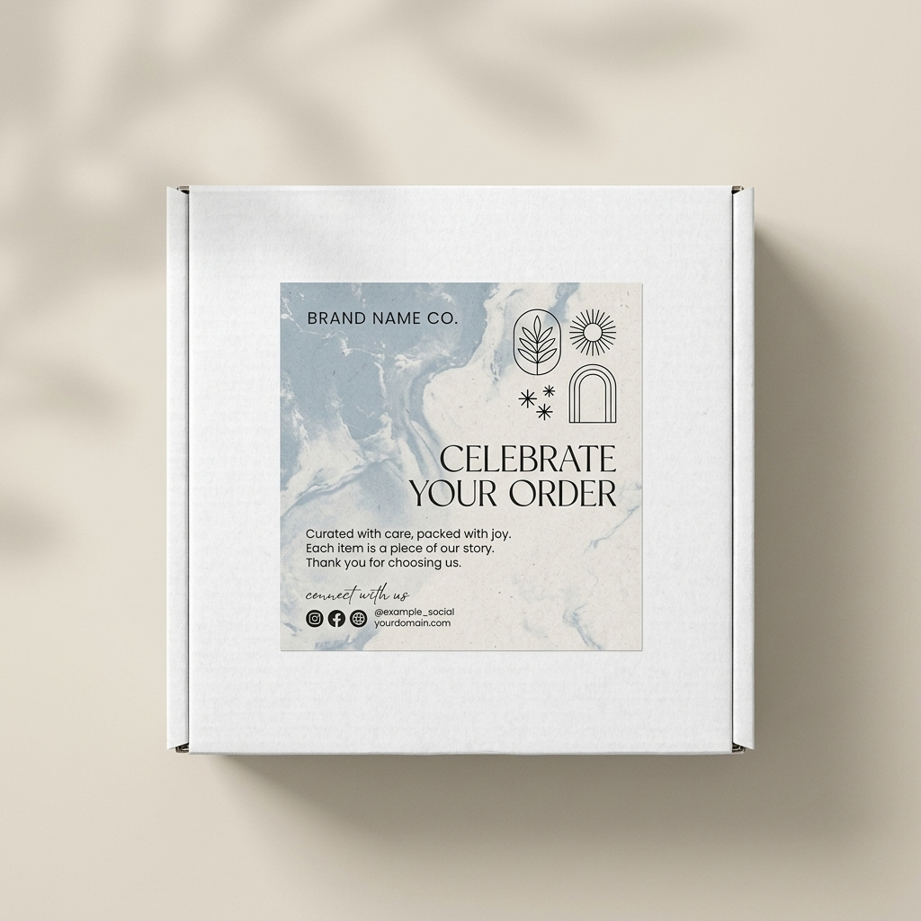 White box with a branded custom vinyl sticker on a beige background