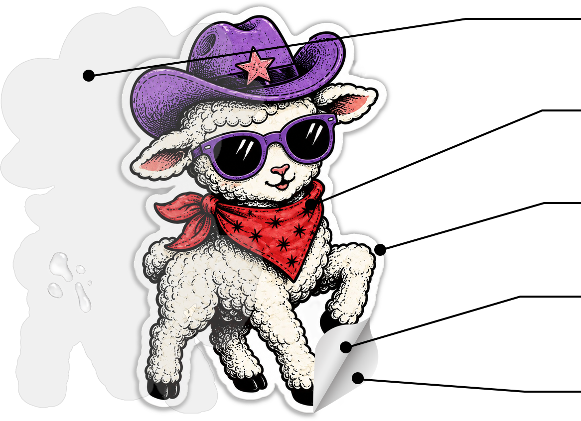 Colorful illustration of a cute sheep wearing a hat and sunglasses on a die-cut sticker. UV protective laminate prevents fading. Vibrant colors printed with EVO-UV inks, GREENGUARD certified. Durable waterproof sticker with long-lasting outdoor use. Easy to remove when ready to replace. Weatherproof adhesive sticks to laptops, water bottles, snowboards, and more, even after dishwashing. Recycled backing paper with easy-peel finish.