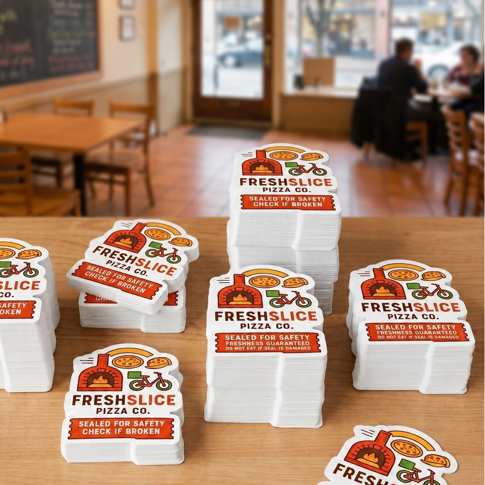 Multiple stacks of custom Fresh Slice Pizza safety seal stickers on a wooden table.