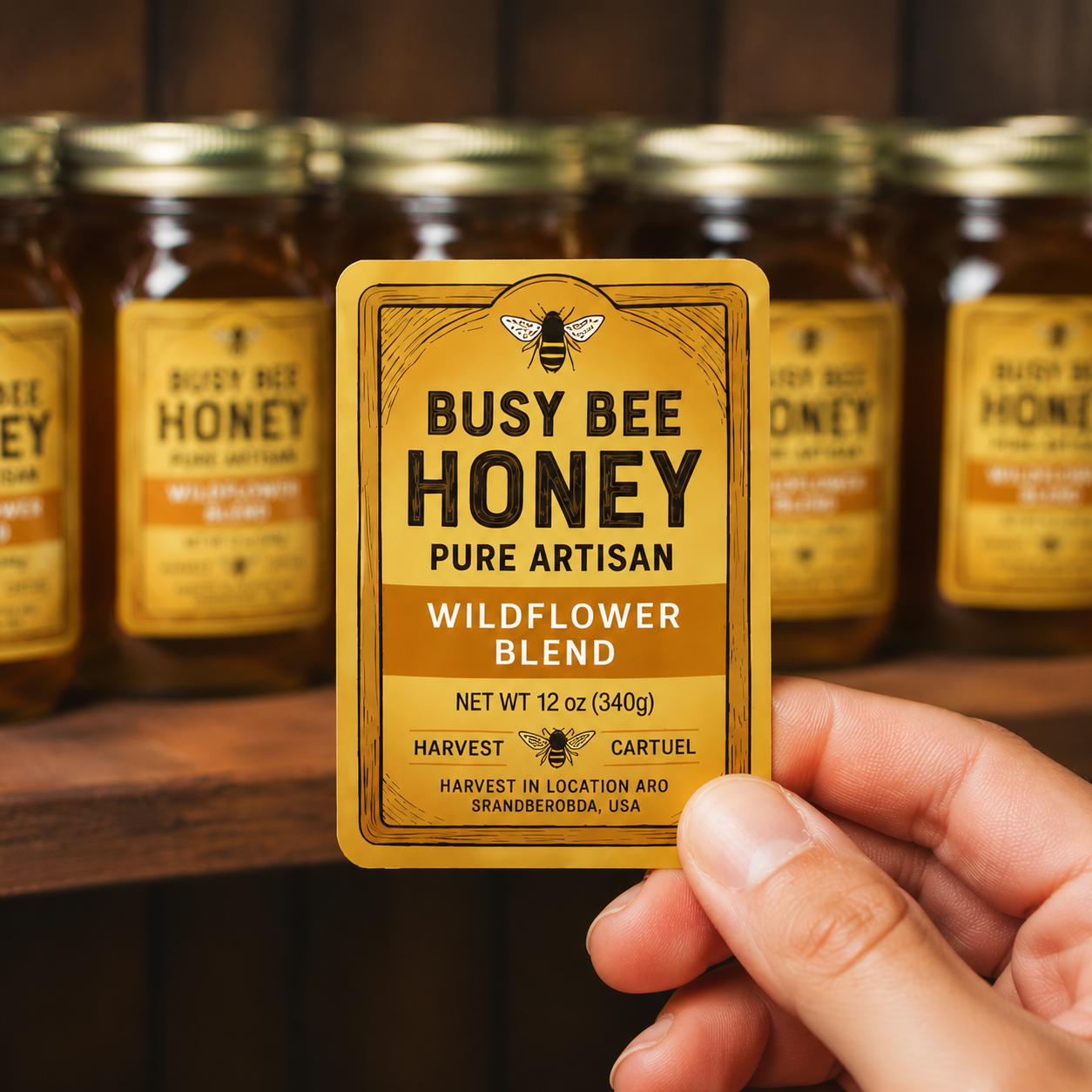 Custom vinyl sticker label applied to honey jars, showing branded packaging use for small businesses and retail products.