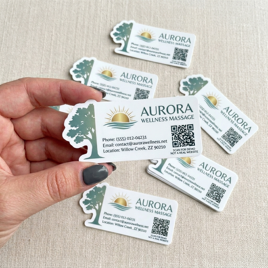 A hand holding a custom die-cut business sticker for Aurora Wellness Massage featuring a tree logo and QR code, with several matching stickers scattered on a neutral background.