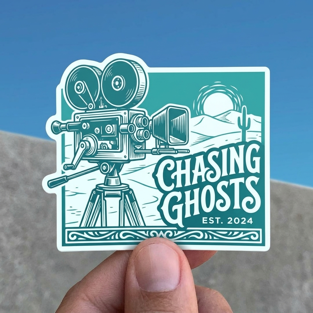 Sticker with a vintage camera design and 'Chasing Ghosts' text held by a hand against a blue sky.