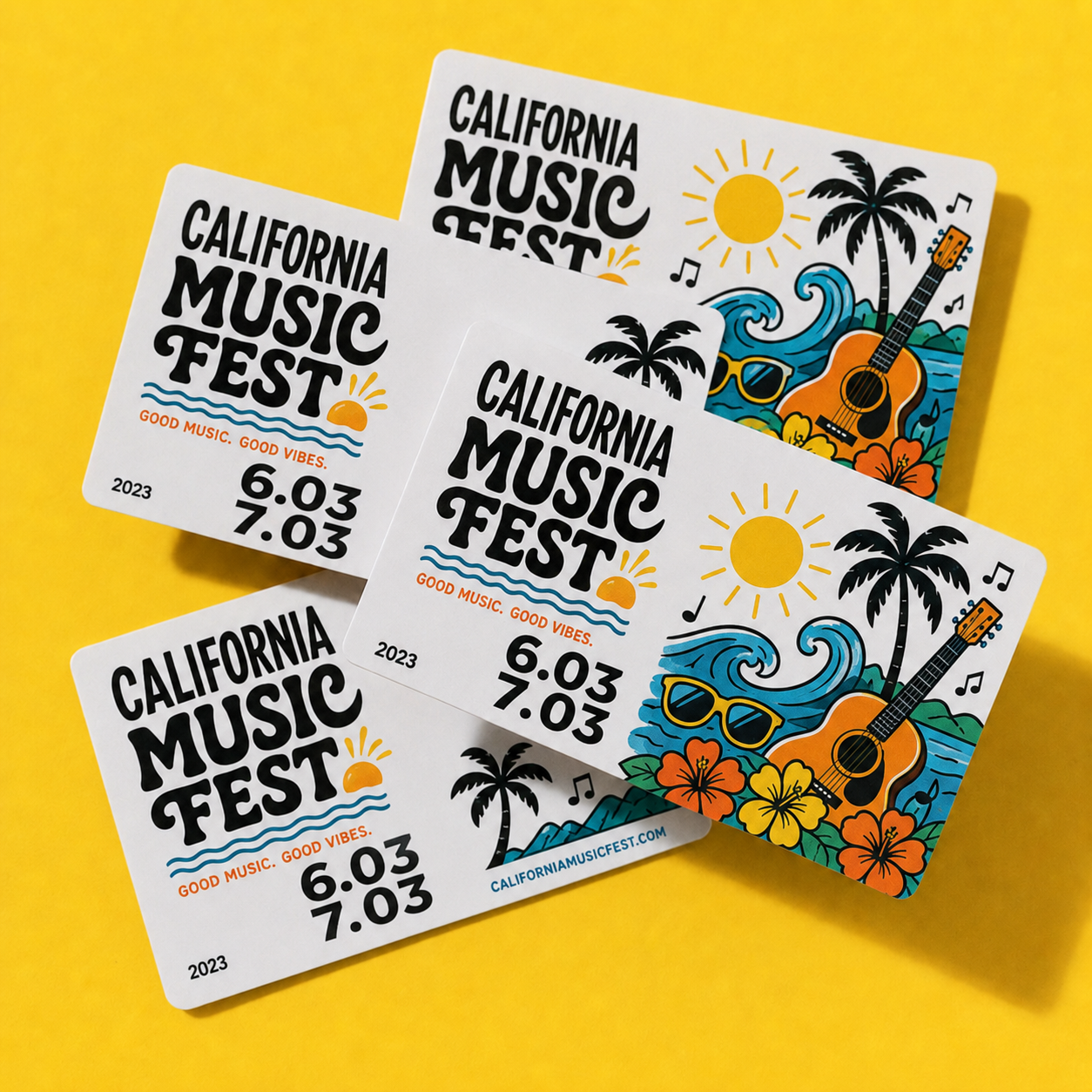 Custom music festival ticket stickers featuring California beach artwork, palm trees, guitar graphics, and bold black event lettering.