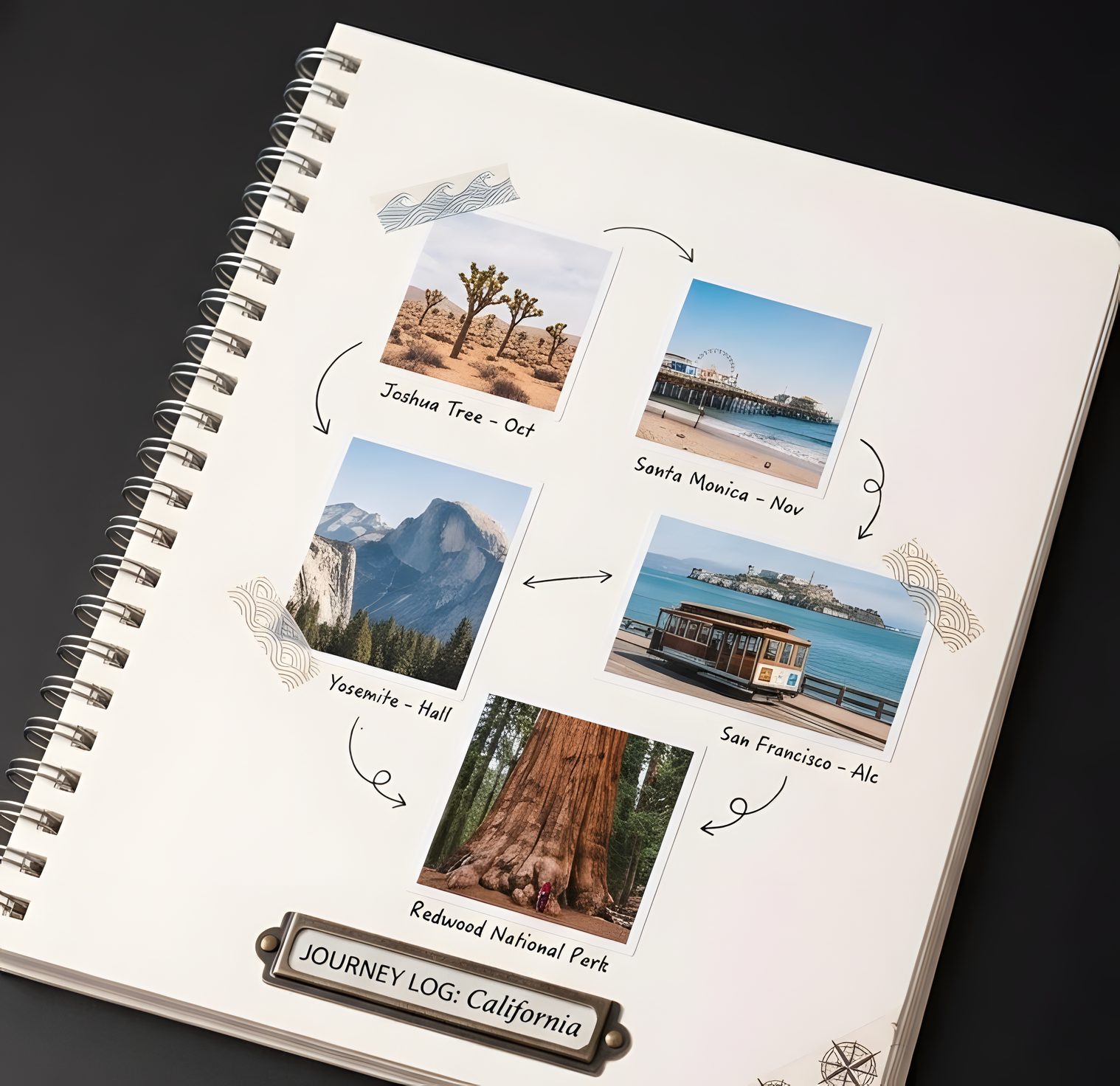 A flat lay photo of an open travel journal on a black desk, featuring five landscape photo stickers of California landmarks including Joshua Tree, Santa Monica Pier, and Yosemite, decorated with minimalist travel-themed hand-drawn lines.