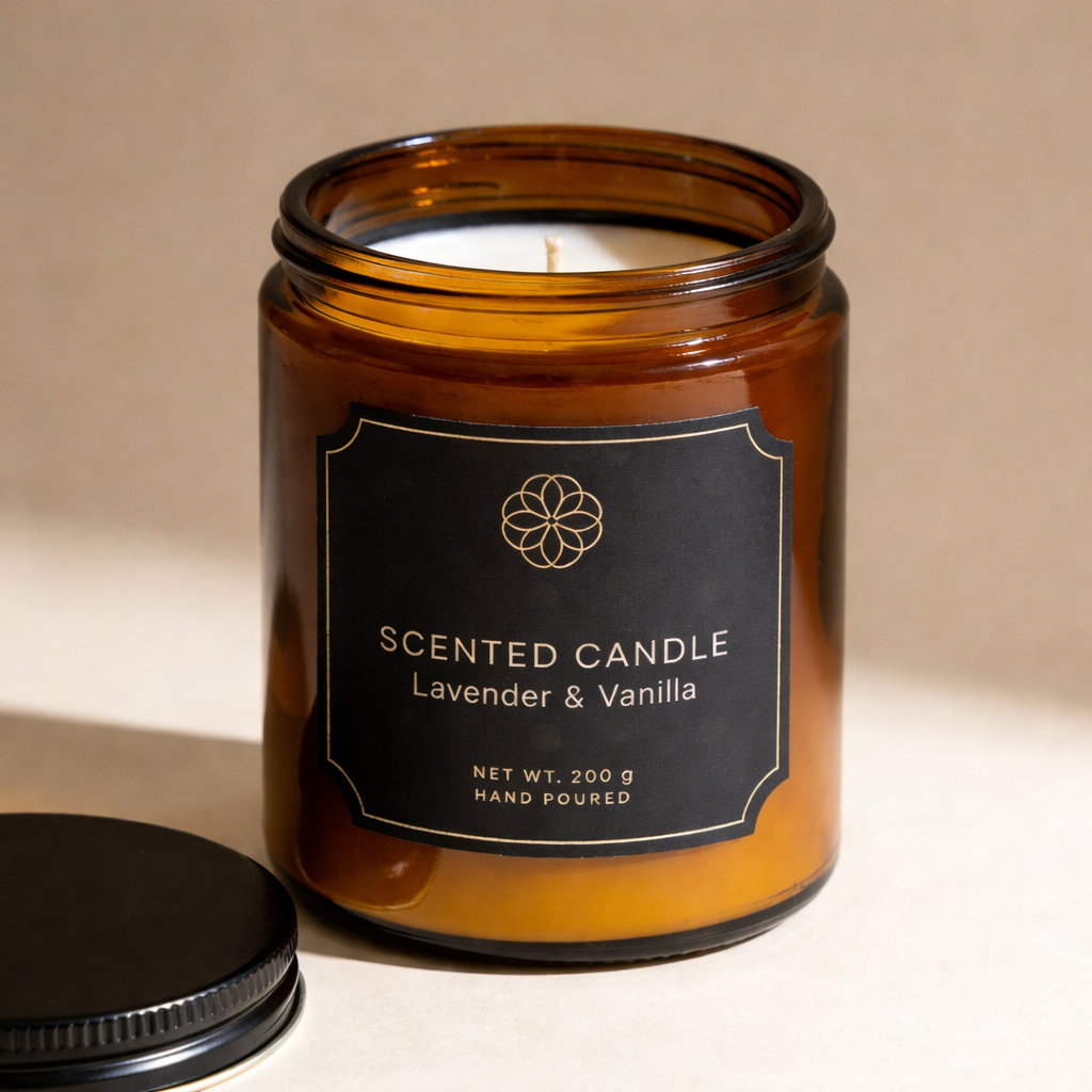 Candle labels with luxury design on amber glass candle jar